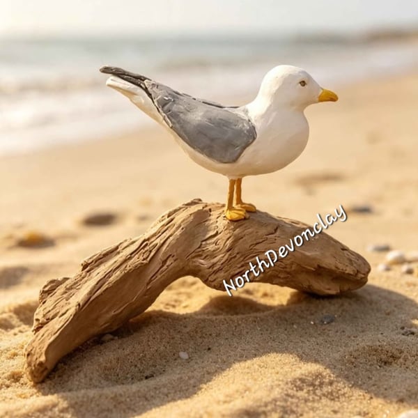 - North Devon Seagull — Hand-Sculpted Clay Herring Gull on Driftwood