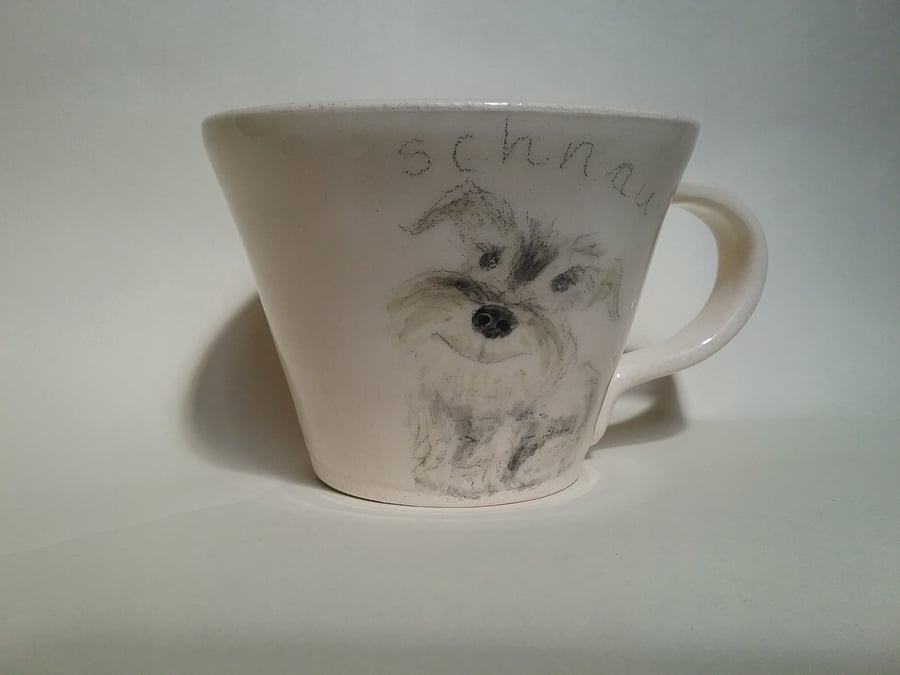 Hand thrown ceramic cream schnauzer mug or cup. With hand painted schnauzer dog.