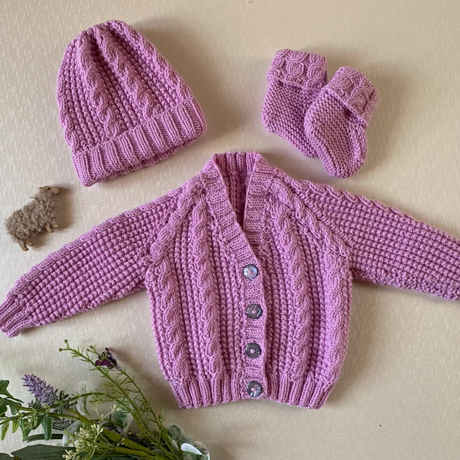 Natural Fibre Hand Knitted Pink Baby Cardigan with Matching Beanie and Booties