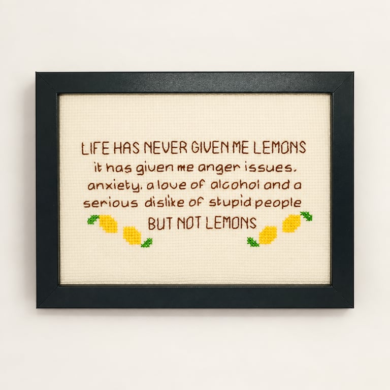 Framed Handmade Cross Stitch – Life Has Never Given Me Lemons 