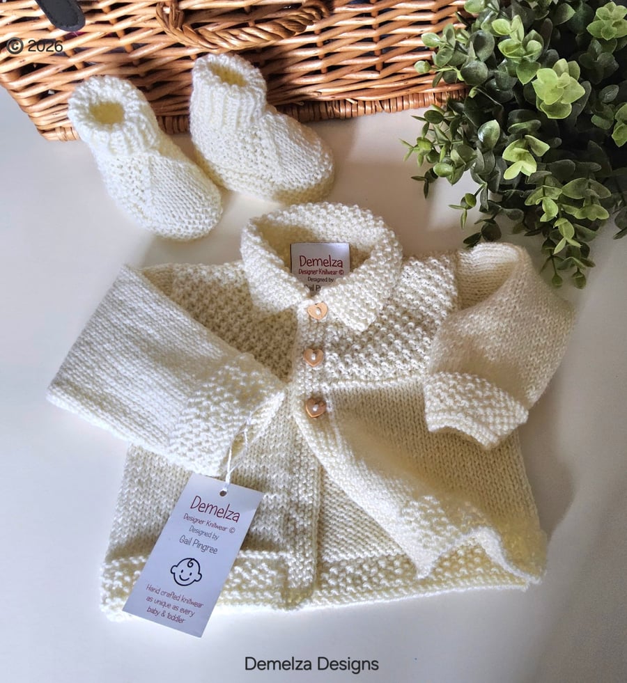 Designer Merino Wool Hand Knitted Baby Jacket & Matching Booties Set 0-3 months 