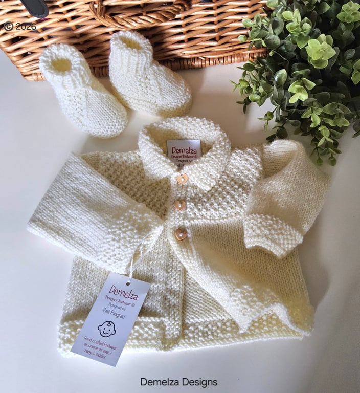 Designer Merino Wool Hand Knitted Baby Jacket & Matching Booties Set 0-3 months 