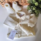 Designer Merino Wool Hand Knitted Baby Jacket & Matching Booties Set 0-3 months 