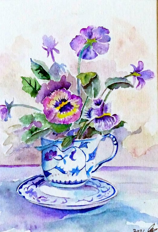 Flowers in a Tea Cup Original Watercolour Small Art 