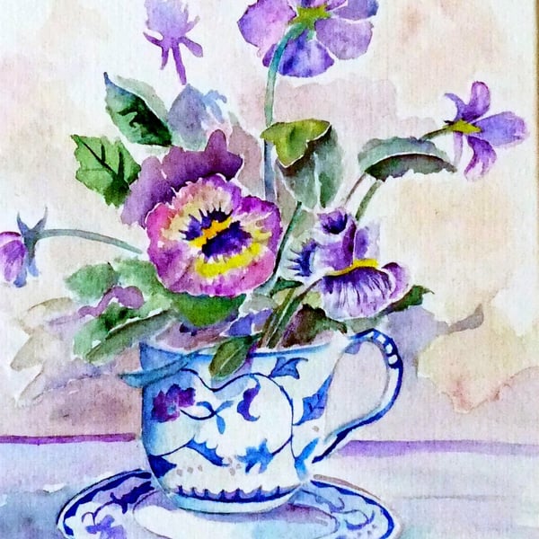 Flowers in a Tea Cup Original Watercolour Small Art 