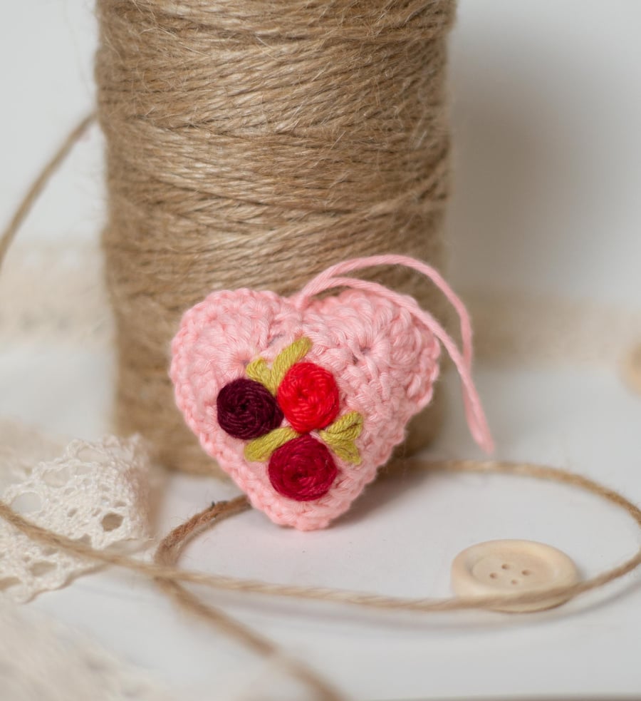 Apricot Pink Crochet Heart with Embroidery 