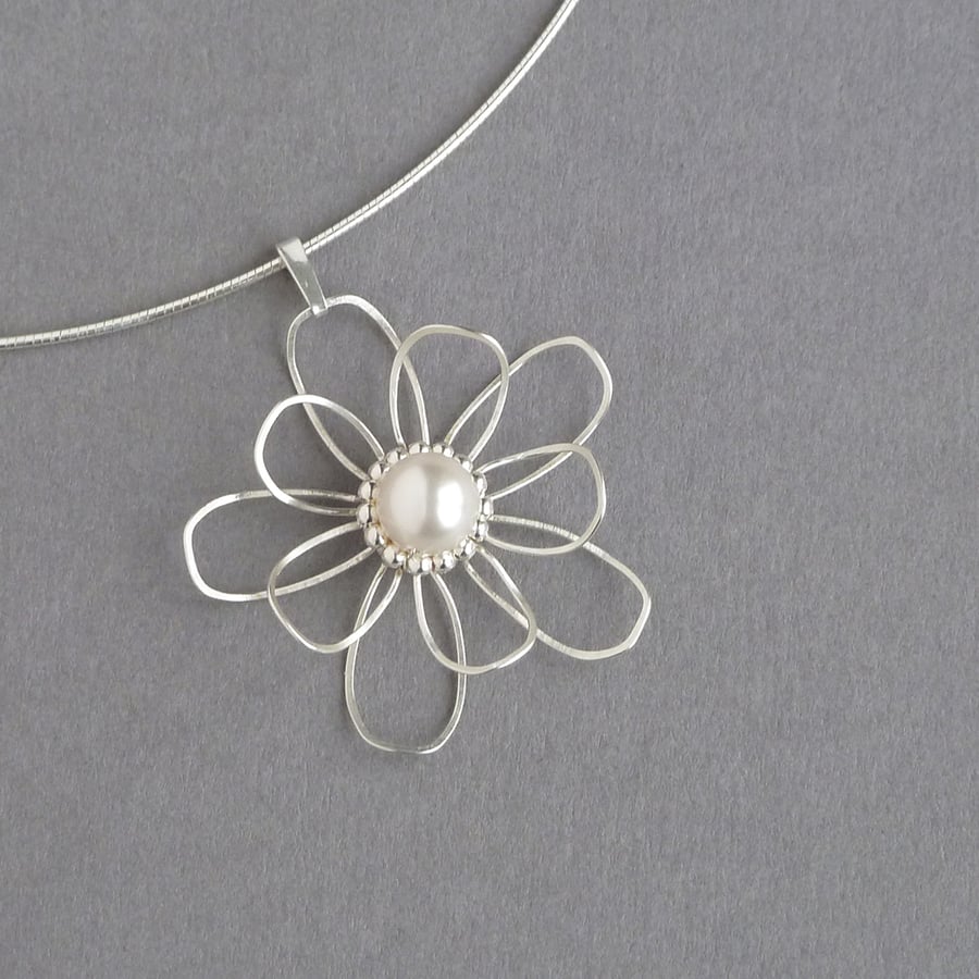 Wire Flower Bridal Necklace - Sterling Silver and White Pearl Pendant - Wedding