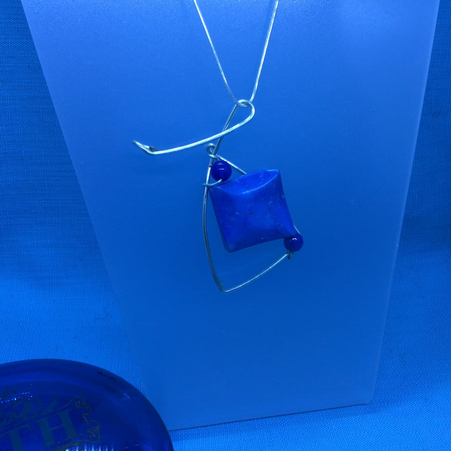 Cushion Shaped Square Aqua Dyed Pendant on Silver Snake Chain