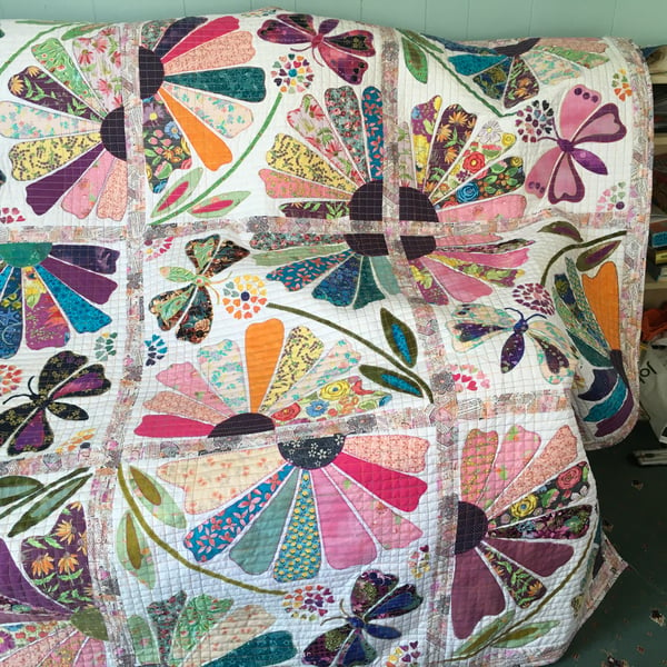 Beautiful Collage Quilt. Laura Heine Design and Fabrics. Garden Party. 66”x 86” 