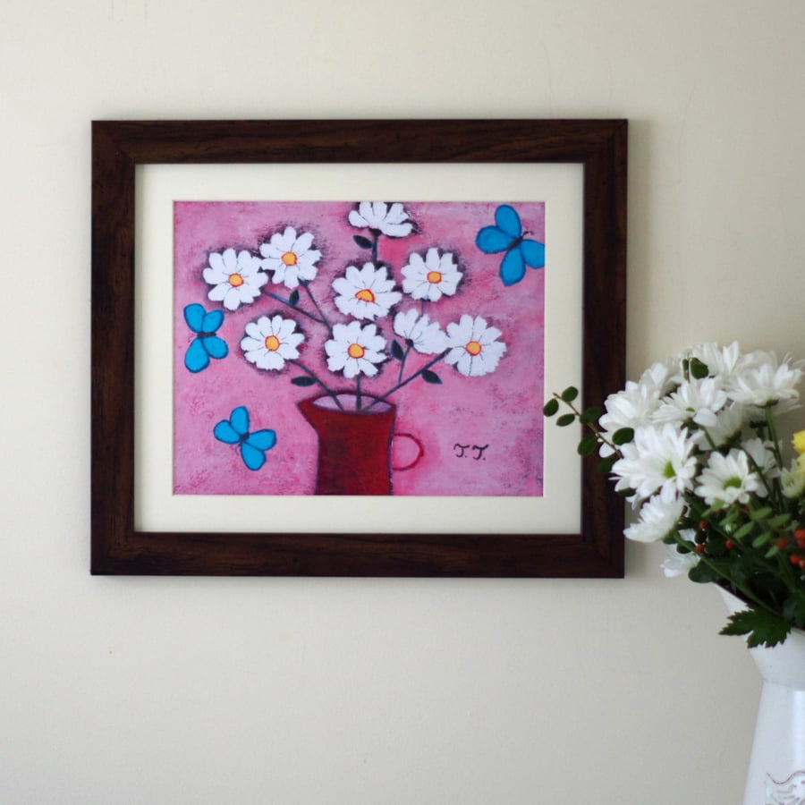 One Off Pink Floral Art print with Daisy Bouquet and Turquoise Butteflies