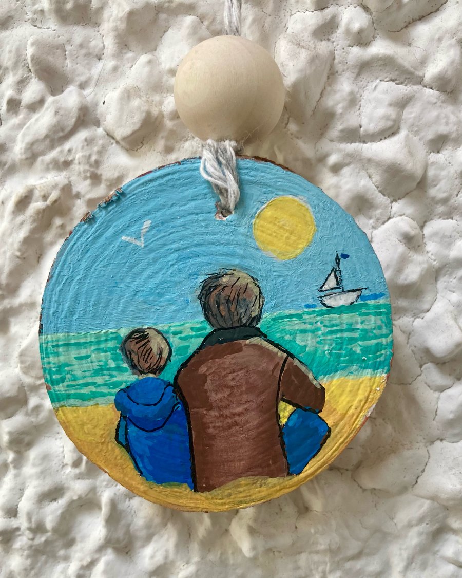 Father Son Beach Painting Wood Slice Hanging Decoration Gifts for Dads