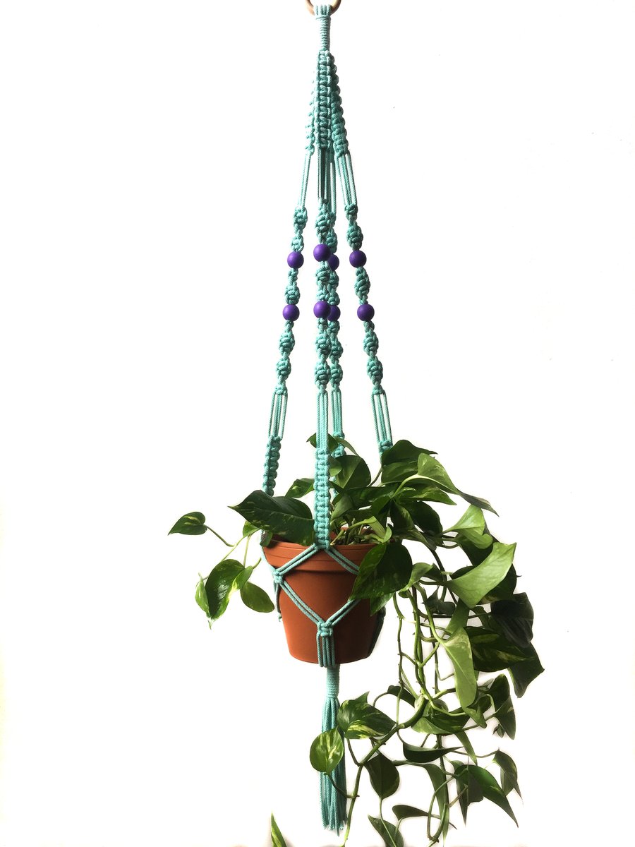 Macrame plant hanger Mint green with purple b... Folksy