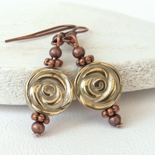 Champagne gold hematite coin and copper earrings