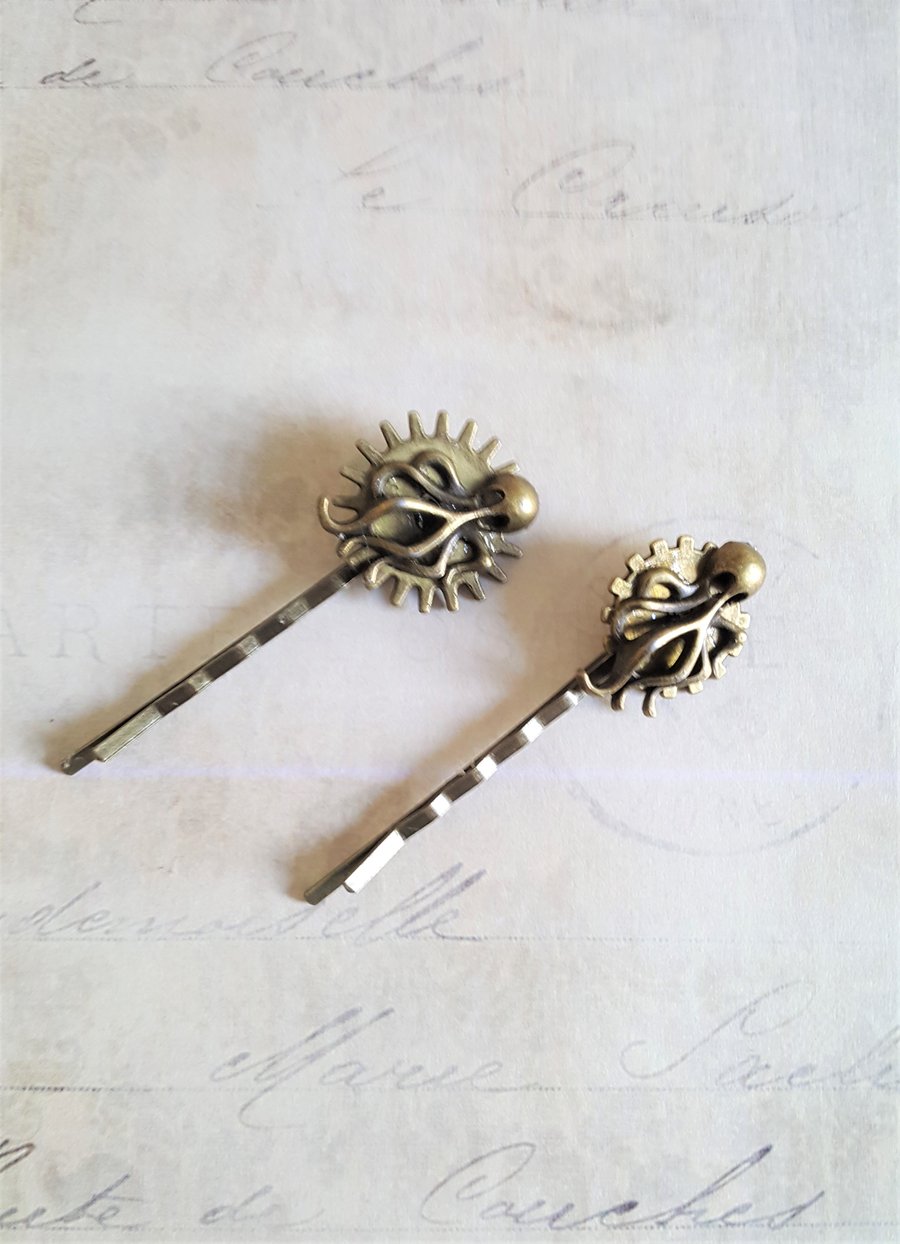 Steampunk Hair Grip Bobby Pin Jules Verne Octopus And Gears
