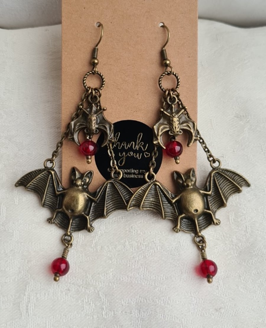 Gorgeous Large Ornate Bat Charm Earrings - Antique Bronze Tones