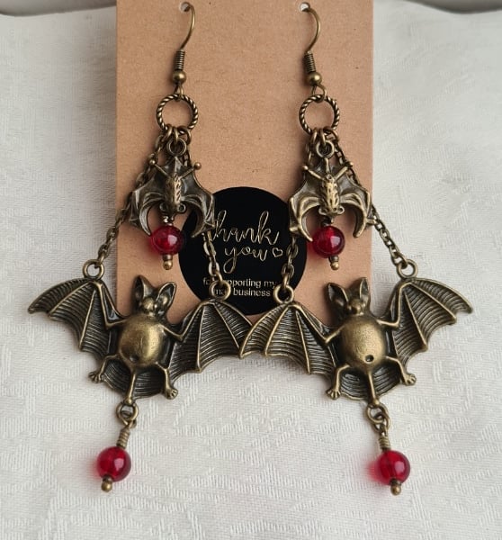 Gorgeous Large Ornate Bat Charm Earrings - Antique Bronze Tones