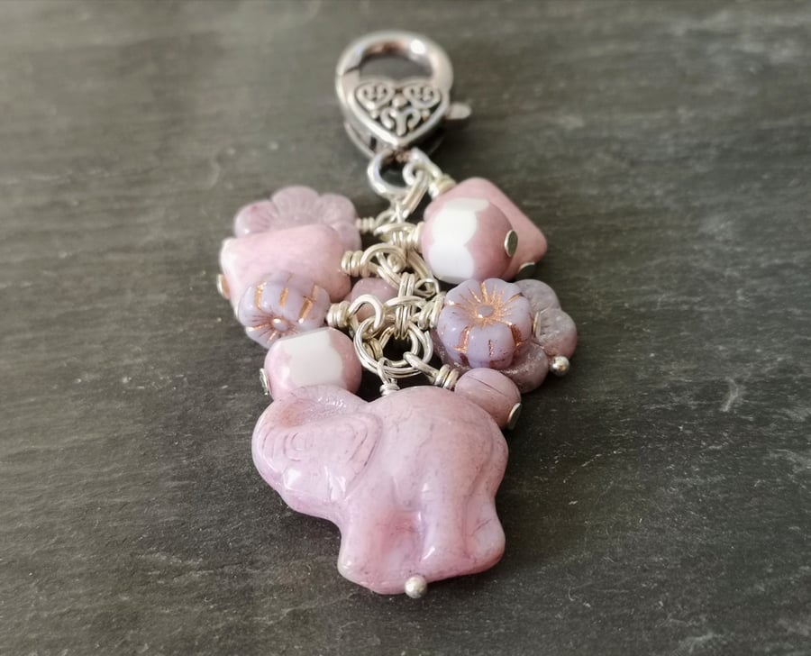 Lilac Czech glass bead bag charm with elephant focal bead
