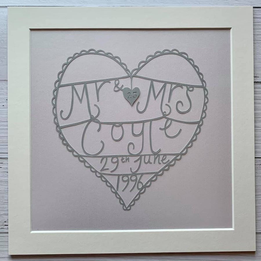 25th "Silver" Wedding Anniversary Original Papercut - Made to order