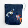 Blue denim make up bag with hand embroidered fish