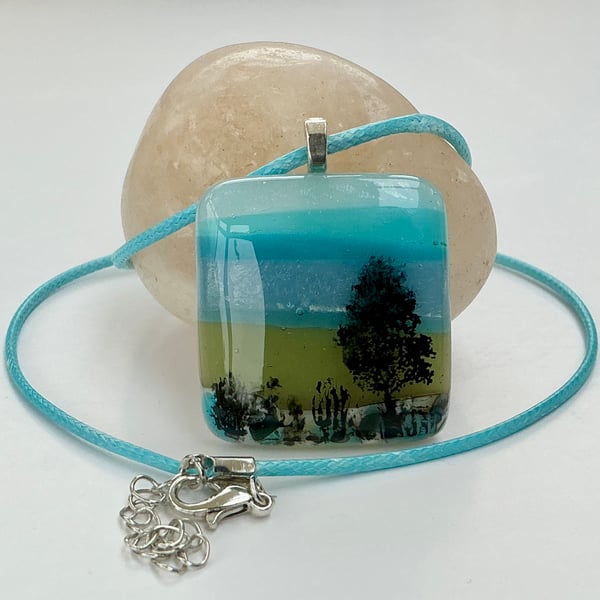 Fused Glass Pendant Necklace, mini vista - tree by the ocean