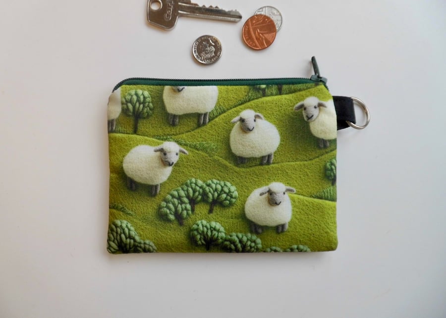 Coin purse sheep in green meadow print fabric