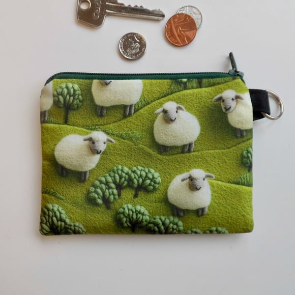 SOLD Coin purse sheep in green meadow print fabric