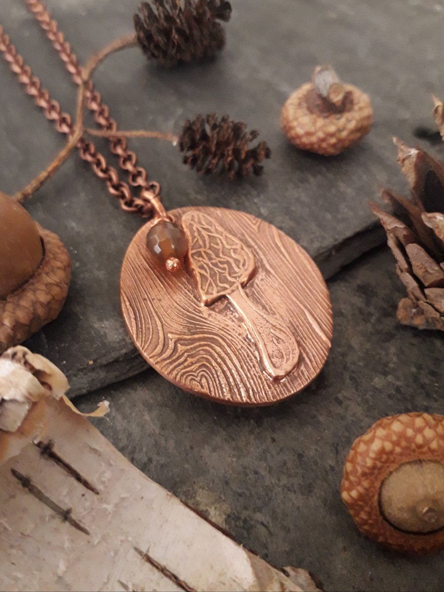 Morel copper pendant,  moss agate gemstone, autumn, Samhain 