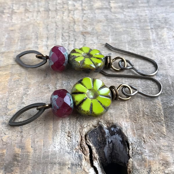 Chartreuse Green & Pink Czech Glass Earrings. Colourful Bohemian Style Earrings