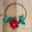 Poinsettia and holly Christmas wreath, crochet wreath 