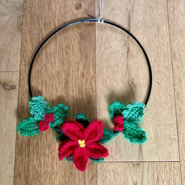 Poinsettia and holly Christmas wreath, crochet wreath 
