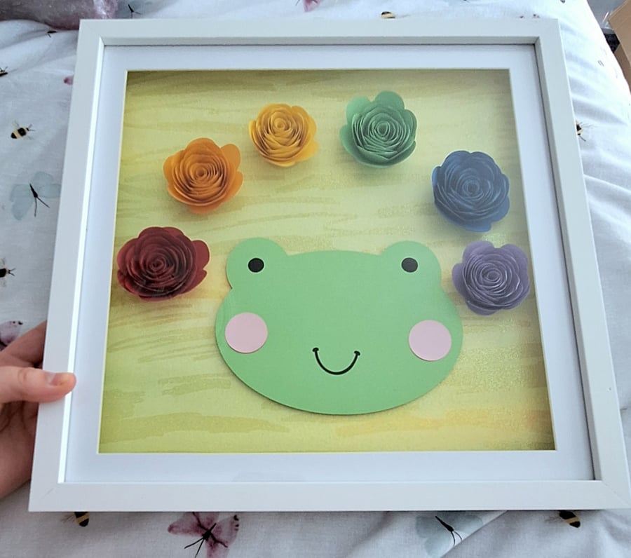 Froggy 3D Shadow Box Frame with Rainbow Hand Rolled Flowers