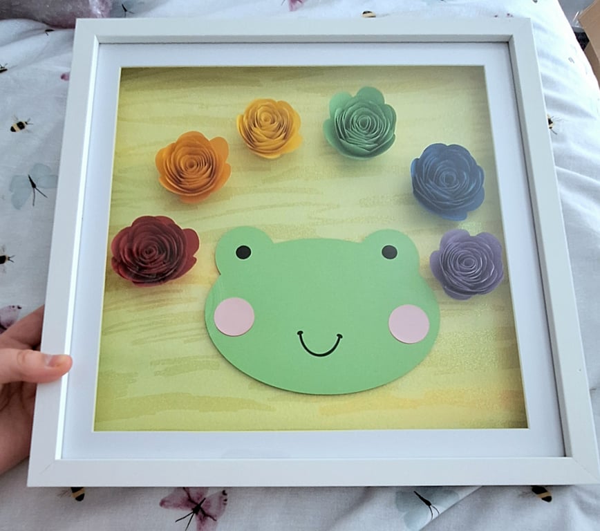Froggy 3D Shadow Box Frame with Rainbow Hand Rolled Flowers