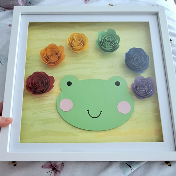 Froggy 3D Shadow Box Frame with Rainbow Hand Rolled Flowers
