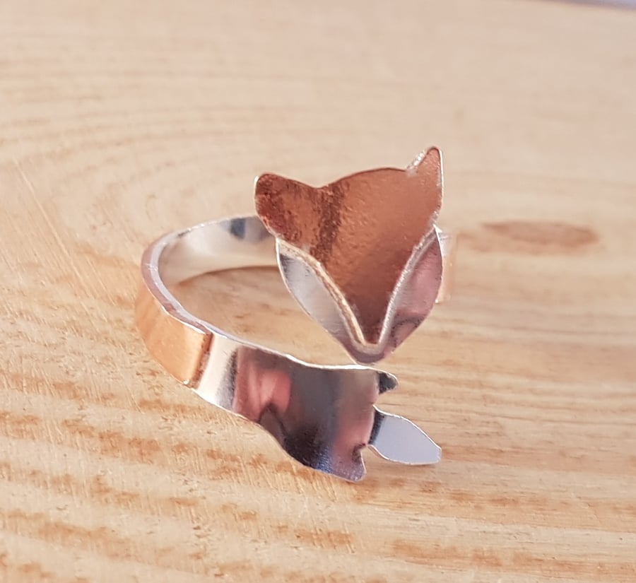 Sterling Silver and Copper Fox Cross Over Adjustable Ring