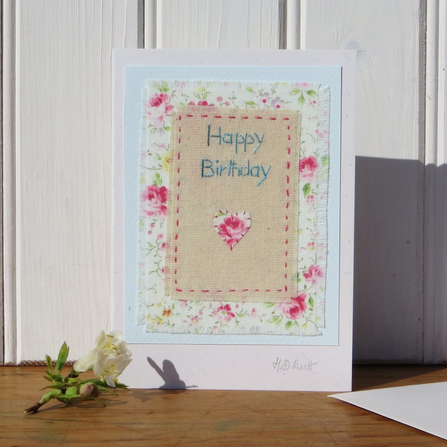 Hand-stitched birthday card, cheerful and pretty, to brighten up someone's day!