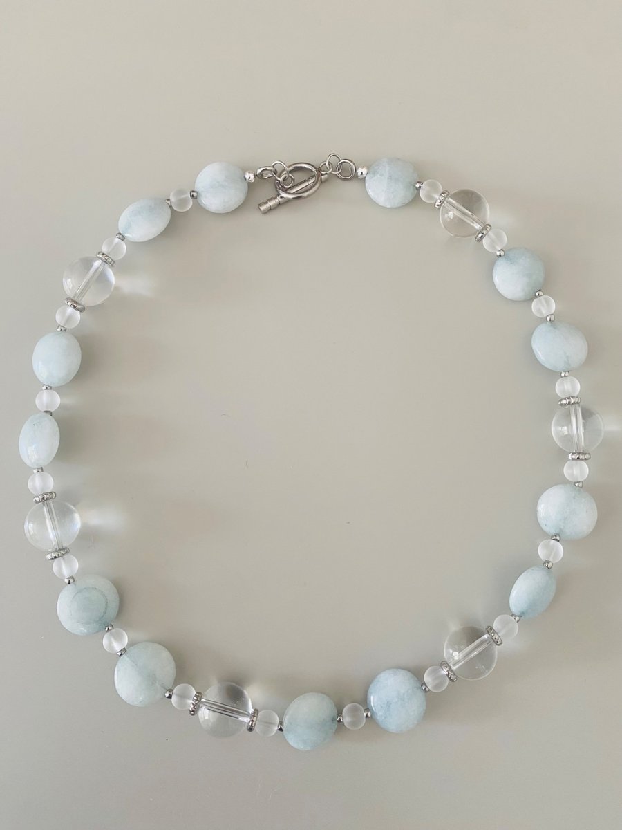 Handmade Light Blue Stone Necklace with Clear Glass Beads - One of a Kind