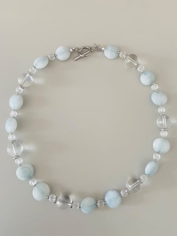 Handmade Light Blue Stone Necklace with Clear Glass Beads - One of a Kind