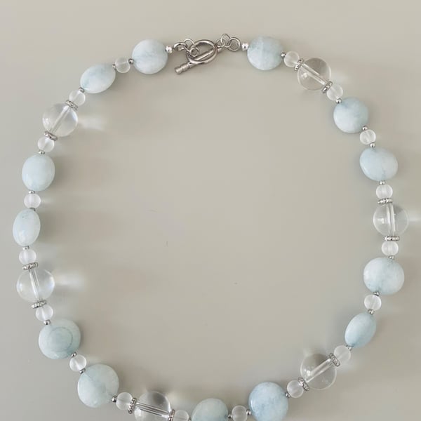 Handmade Light Blue Stone Necklace with Clear Glass Beads - One of a Kind