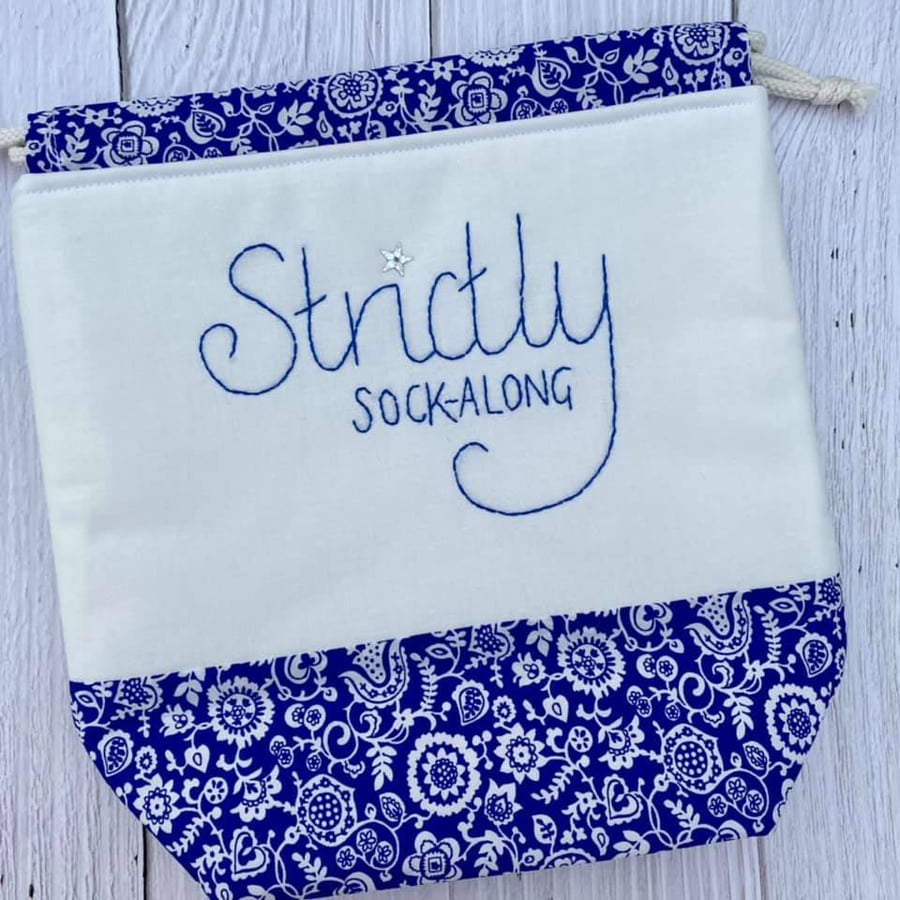 'Strictly Sock-Along' Project Bag with Hand Embroidery - Royal Blue
