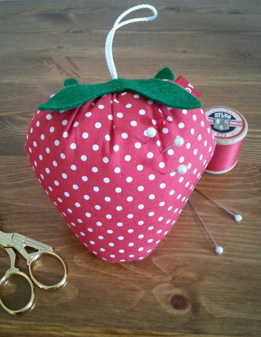 Strawberry Spot Pin Cushion with Hanging Loop.