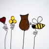 Stained glass flower pot plant stake, bee, heart, butterfly, cat and flower sun 