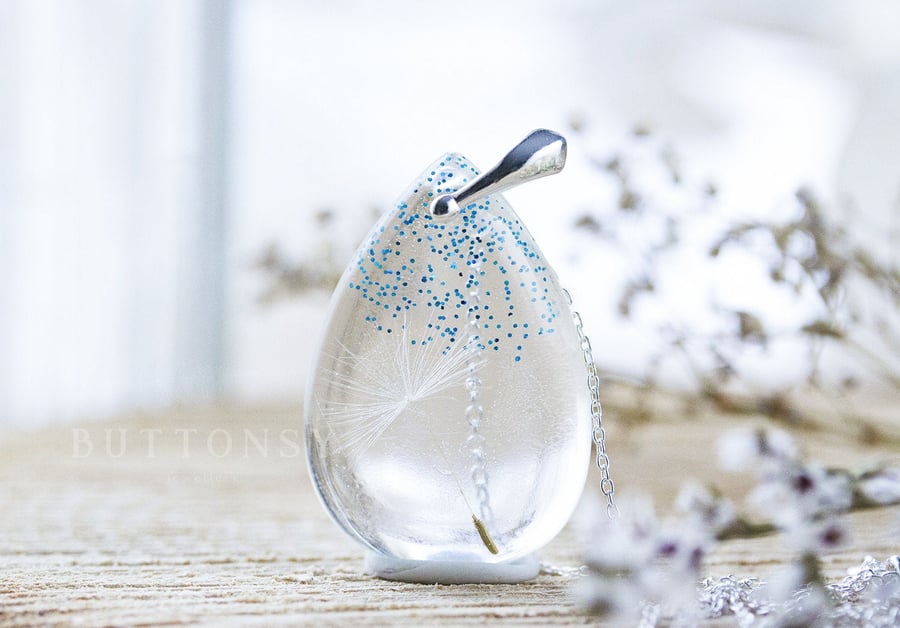 Dandelion Necklace with Single Wish and Glitter Sky Blue Real Dandelion Dandelio