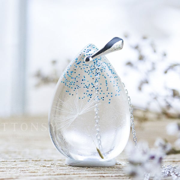 Dandelion Necklace with Single Wish and Glitter Sky Blue Real Dandelion Dandelio