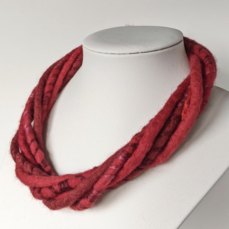 The Wrapped Twist: felted cord necklace in shades of red