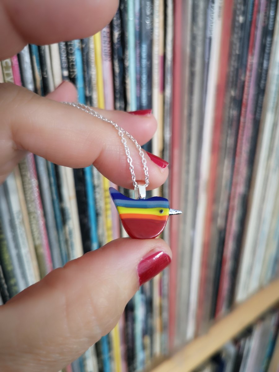 little 'Rainbow Wren of Hope' bird fused glass pendant on sterling silver chain