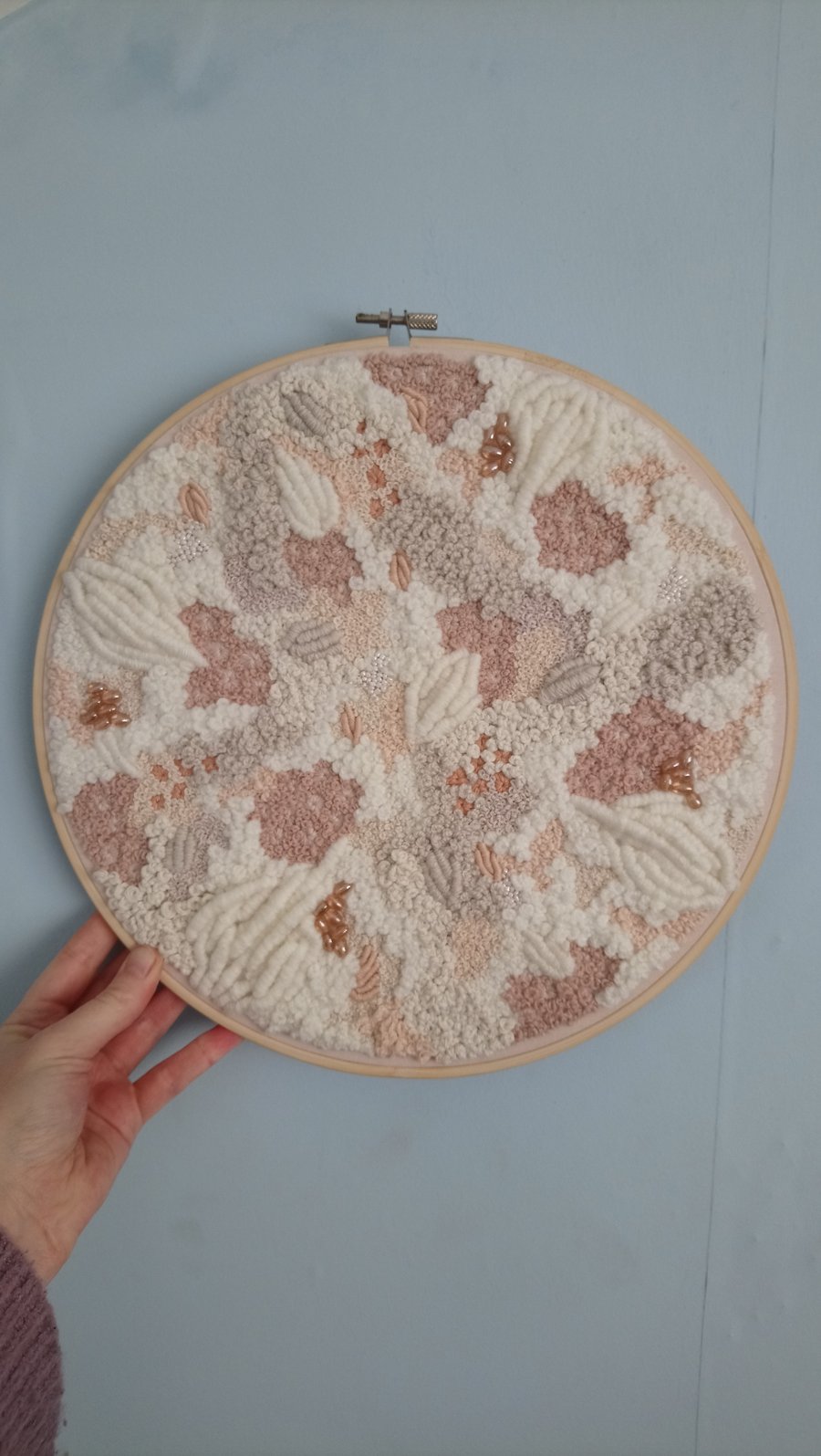 Snow on the beach a hand embroidered home decor art piece 