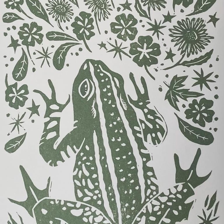 Sage green floral frog linoprint A4