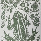 Sage green floral frog linoprint A4