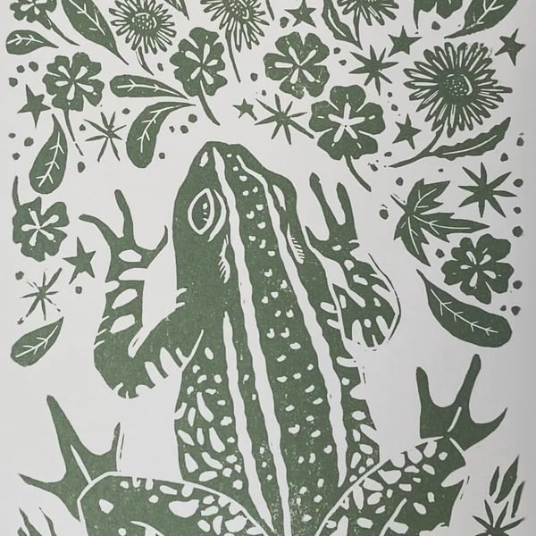 Sage green floral frog linoprint A4