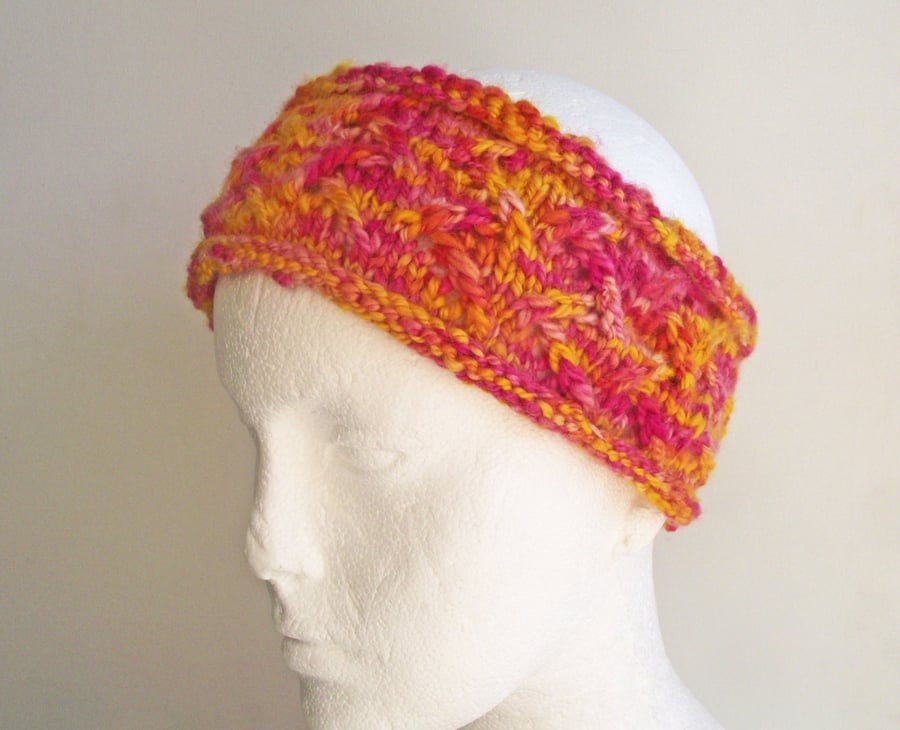 Handspun Dyed Headband, Bluefaced Leicester Earwarmer, Gold Pink 